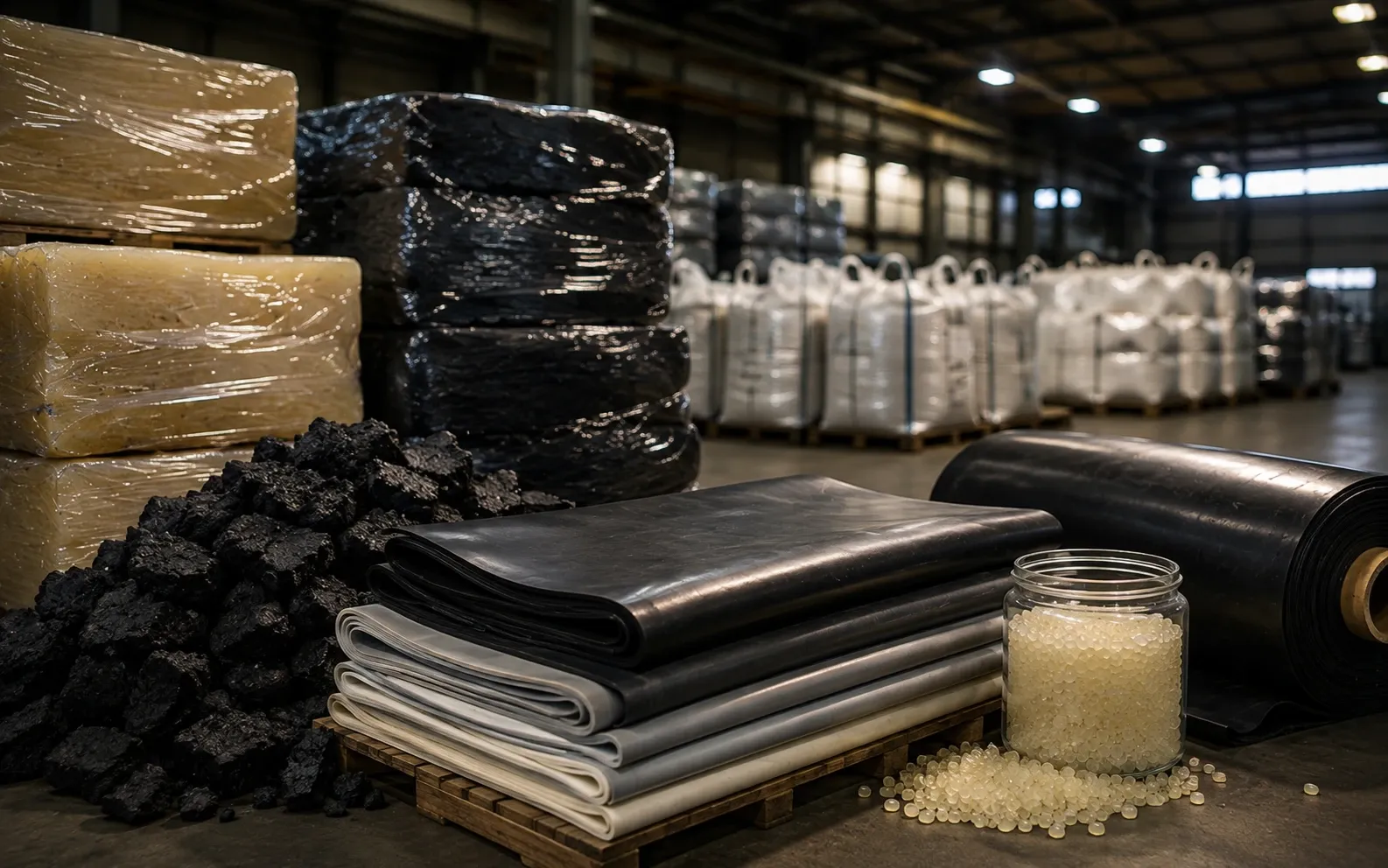 Bales of elastomer in the warehouse